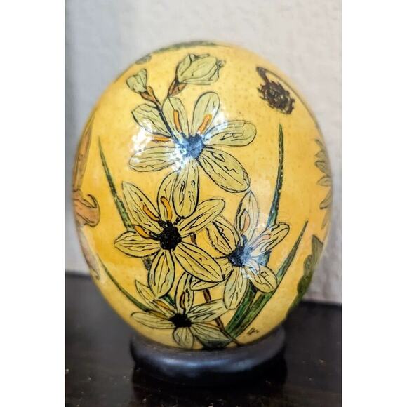 Painted Ostrich Egg Flowers Large Handmade Artist Made Yellow Botanical Print - Picture 2 of 8